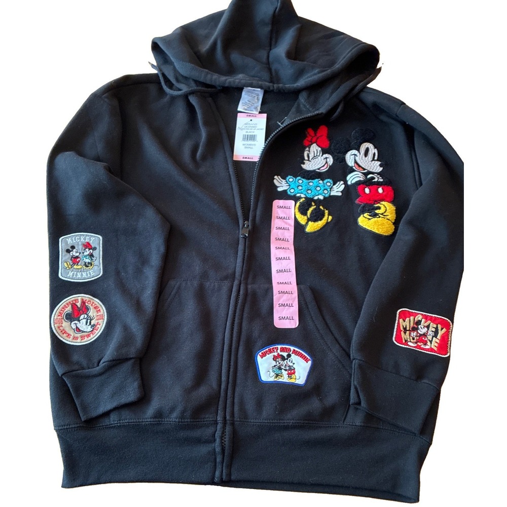 Mickey And Minnie Mouse Zip Up Black Patch Hoodie Small NWT